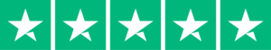 Five white stars on a teal background, arranged in a row as a five-star rating banner.