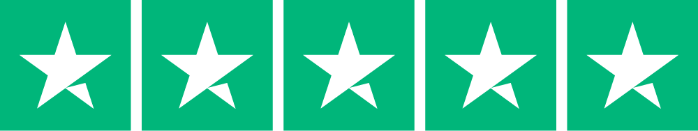 Five white stars on a teal background, arranged in a row as a five-star rating banner.